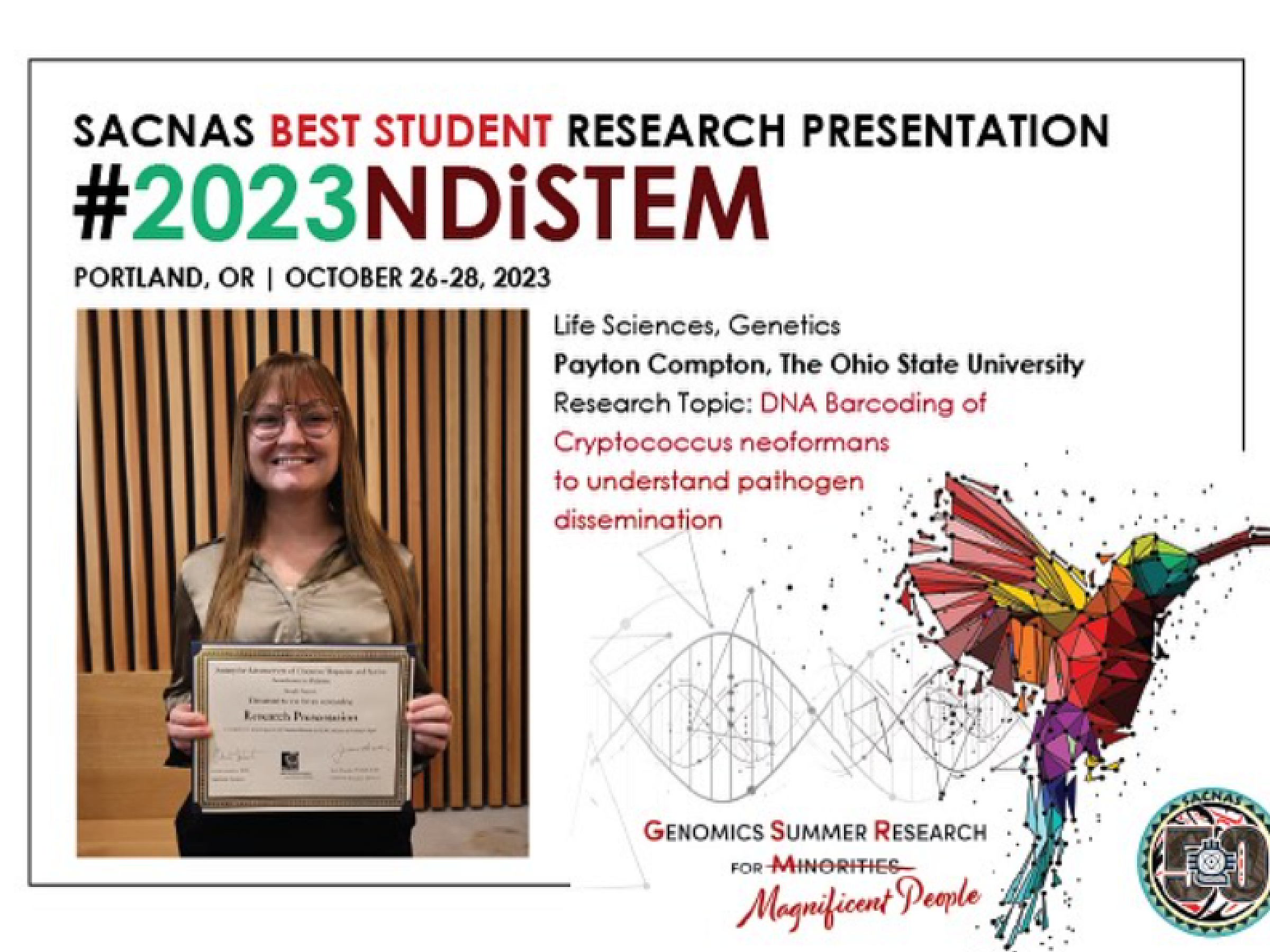 Payton Compton Receiving Best Poster Award at SACNAS